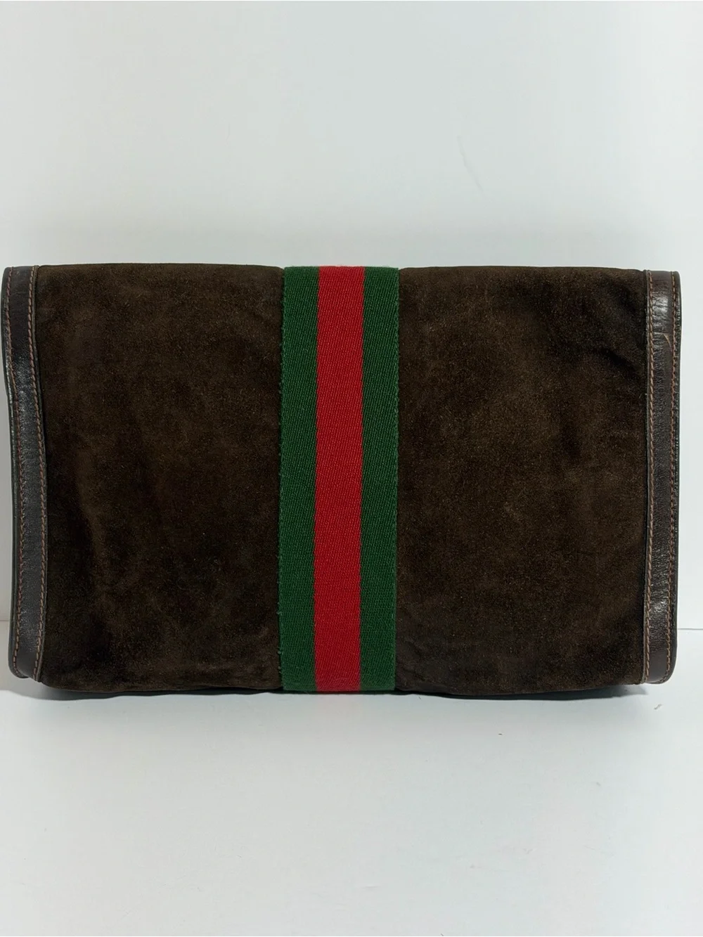 Gucci Brown Suede Clutch Bag with Green and Red Web Stripe